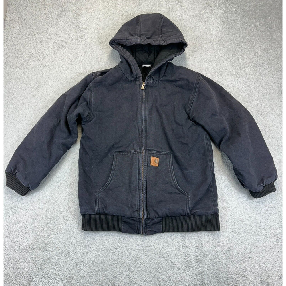 Carhartt Black Canvas Duck Hooded Jacket Fleece Quilt Lined Faded Youth L 14/16